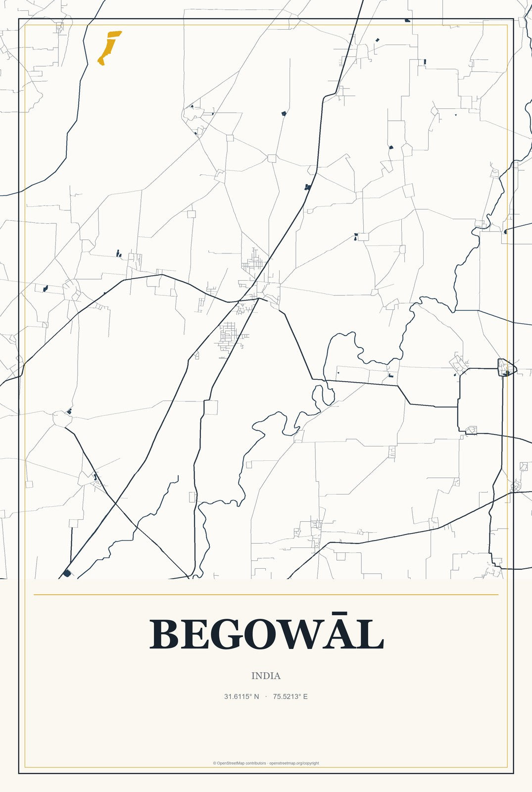 Begowāl, India City Map Aluminum Sign in Citrine Modern style