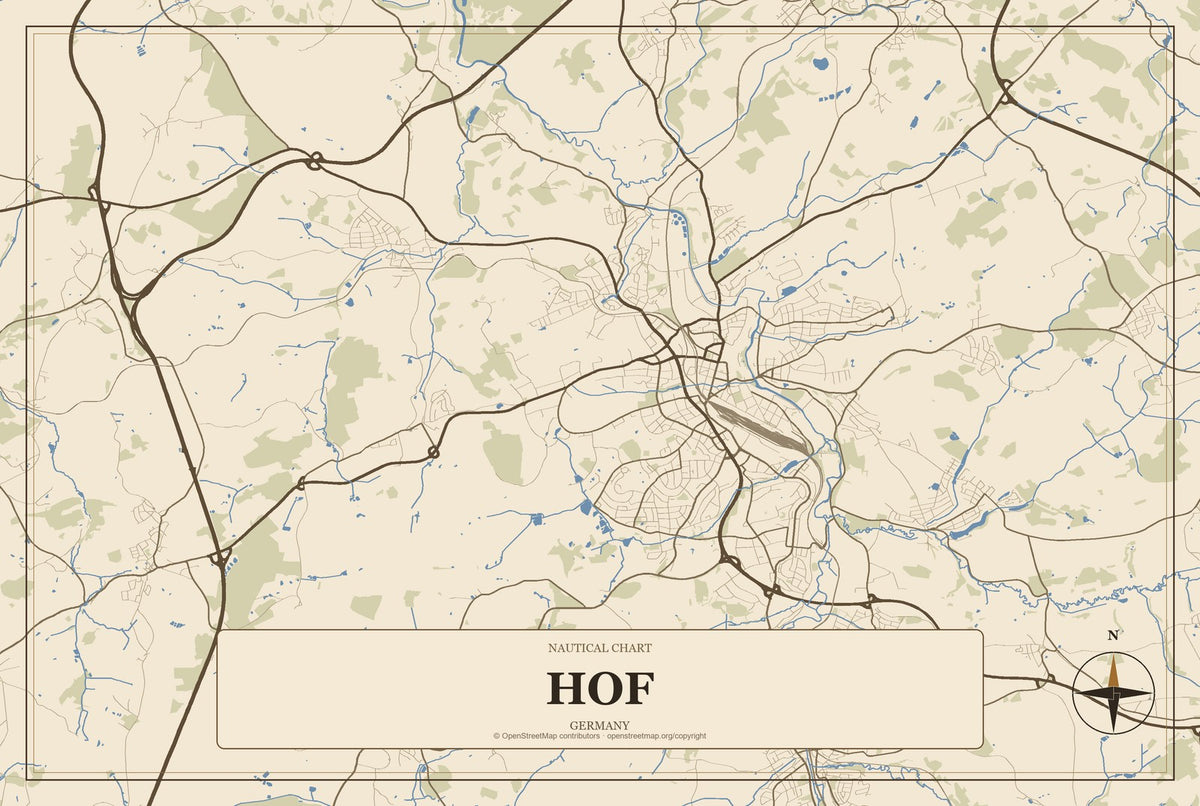 Hof, Germany City Map Aluminum Sign in Heritage Nautical style