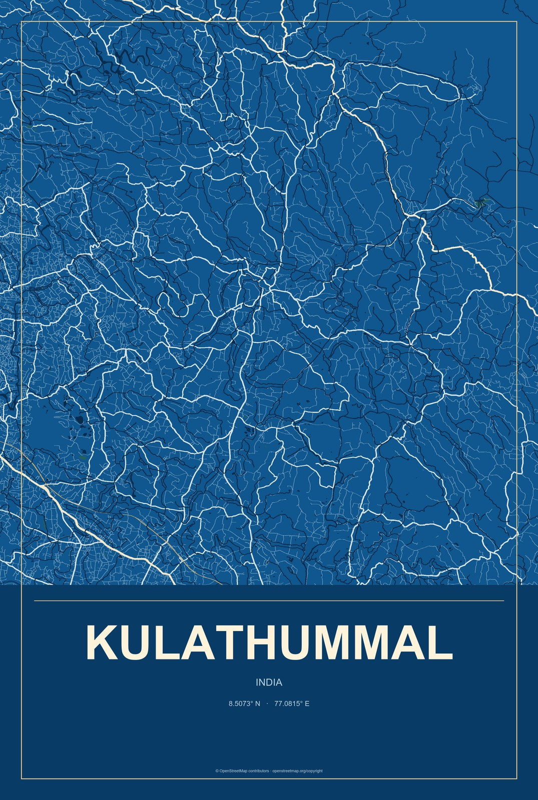 Kulathummal, India City Map Aluminum Sign in Harbor Cobalt style