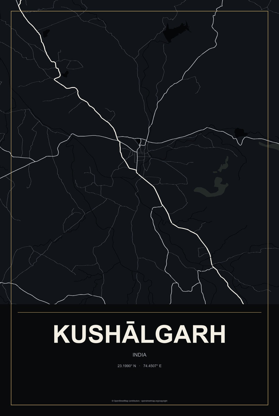 Kushālgarh, India City Map Aluminum Sign in Metropolitan Noir style