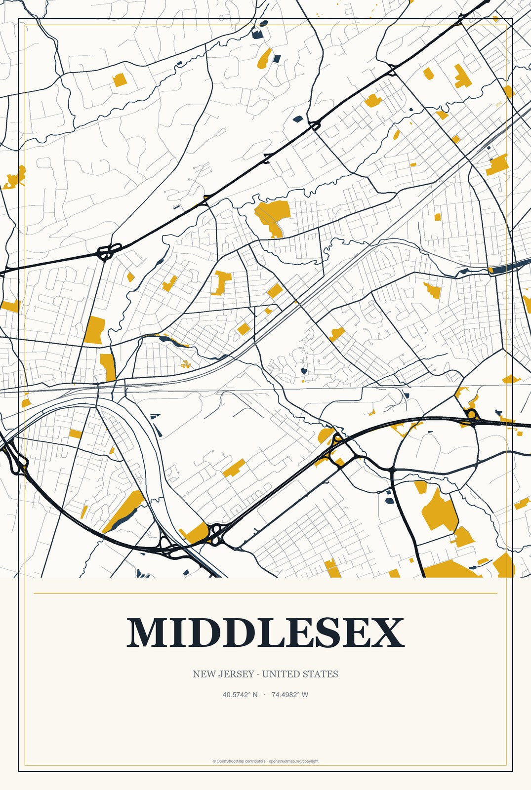 Middlesex, New Jersey City Map Aluminum Sign in Citrine Modern style