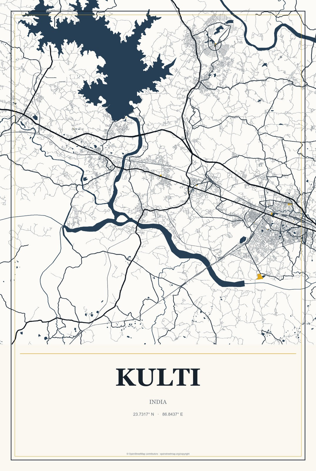 Kulti, India City Map Aluminum Sign in Citrine Modern style