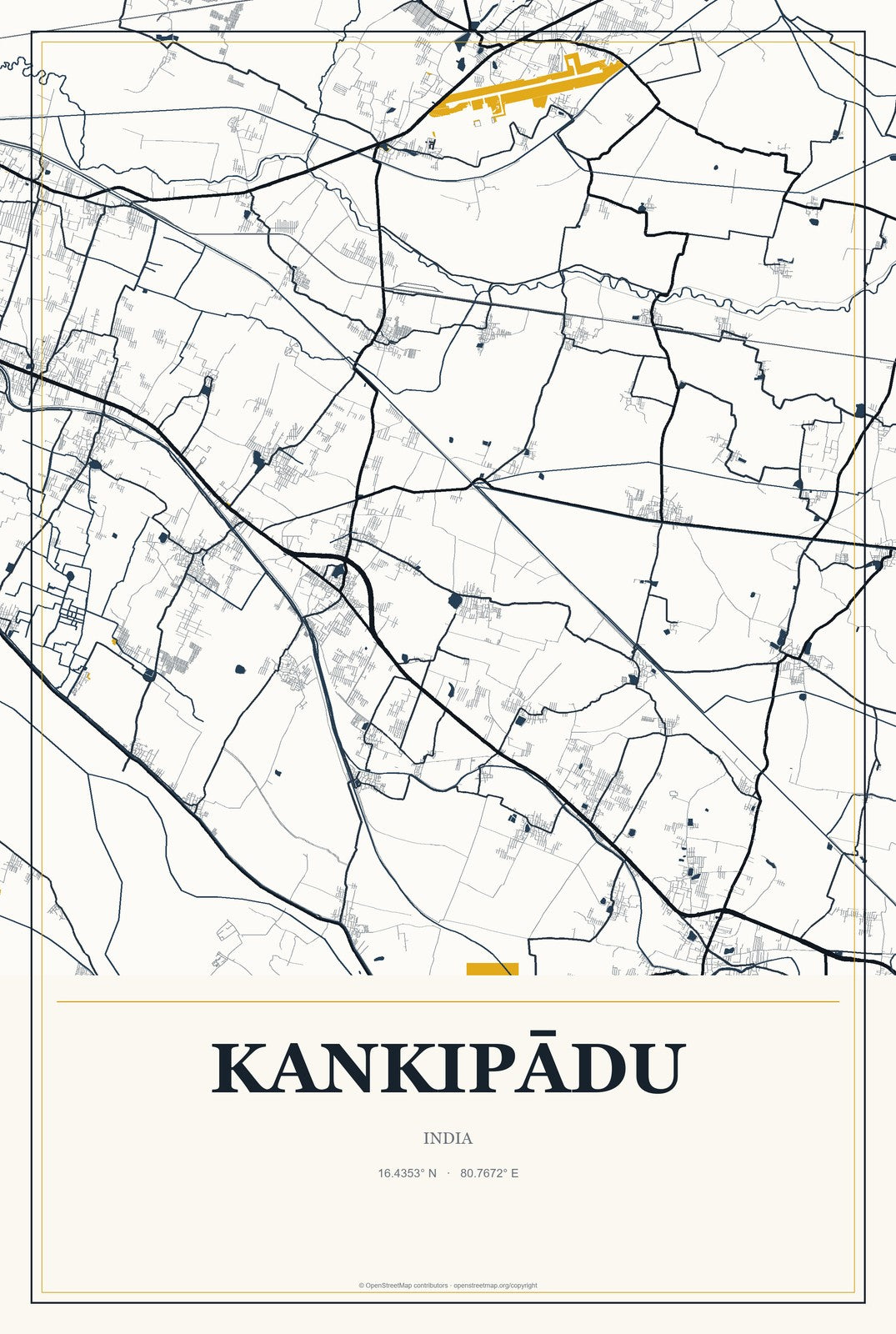 Kankipādu, India City Map Aluminum Sign in Citrine Modern style