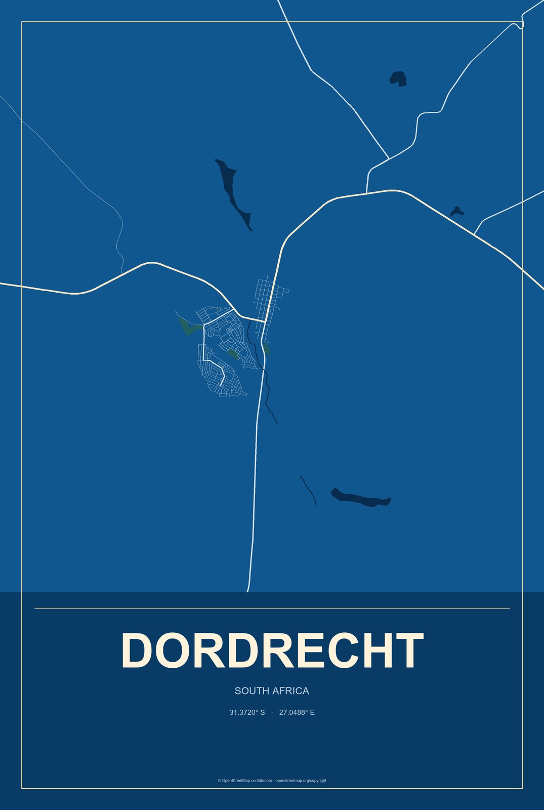 Dordrecht, South Africa City Map Aluminum Sign in Harbor Cobalt style