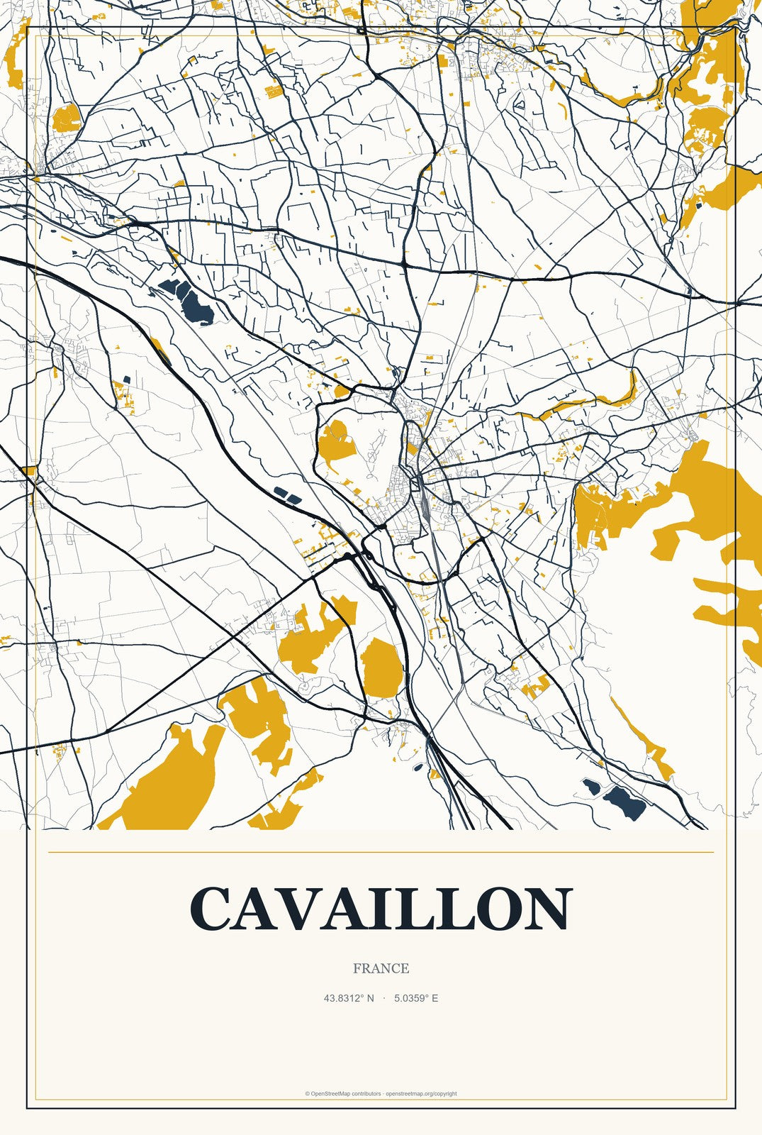Cavaillon, France City Map Aluminum Sign in Citrine Modern style