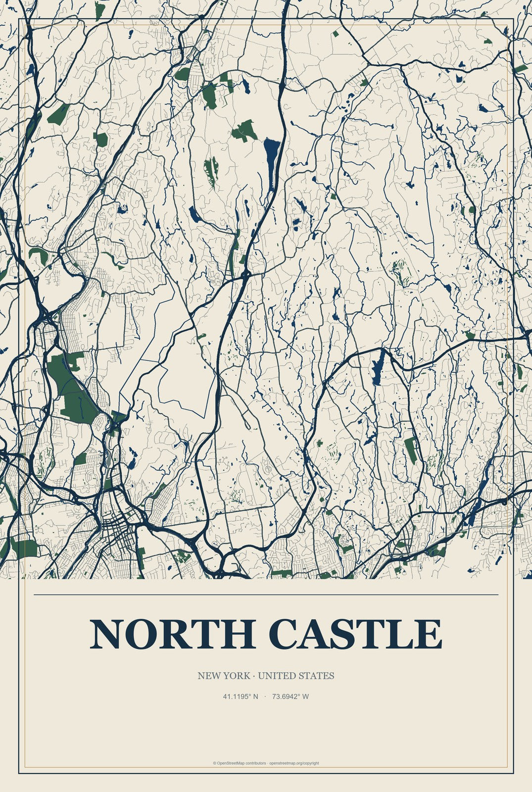 North Castle, New York City Map Aluminum Sign in Coastal Cutout style