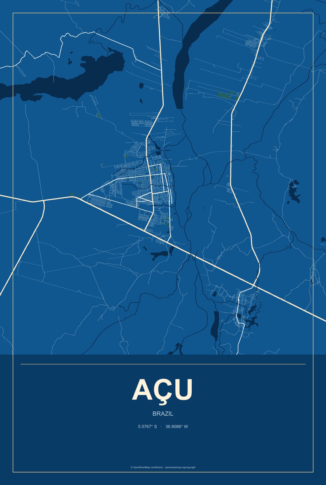 Açu, Brazil City Map Aluminum Sign in Harbor Cobalt style