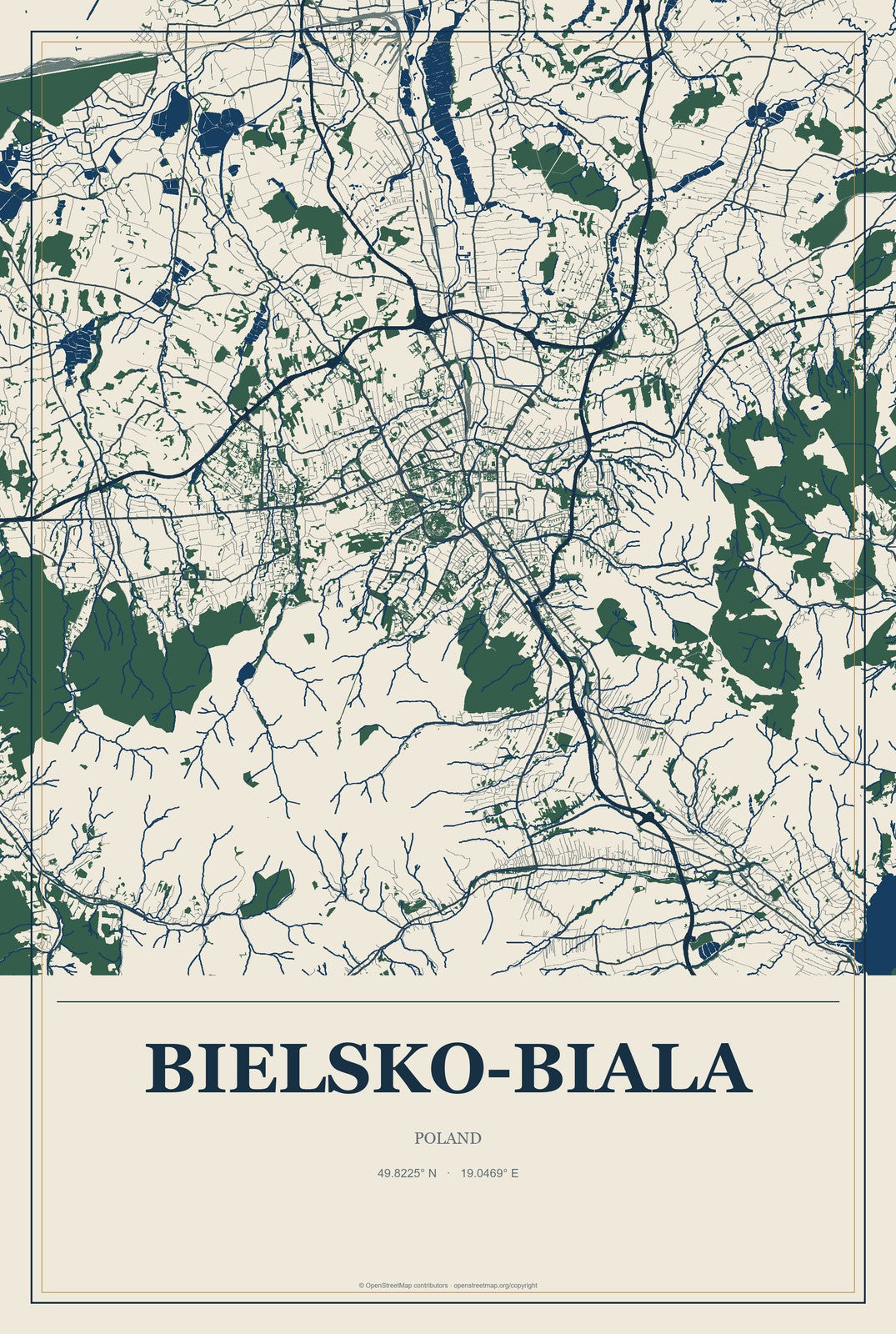 Bielsko-Biala, Poland City Map Aluminum Sign in Coastal Cutout style
