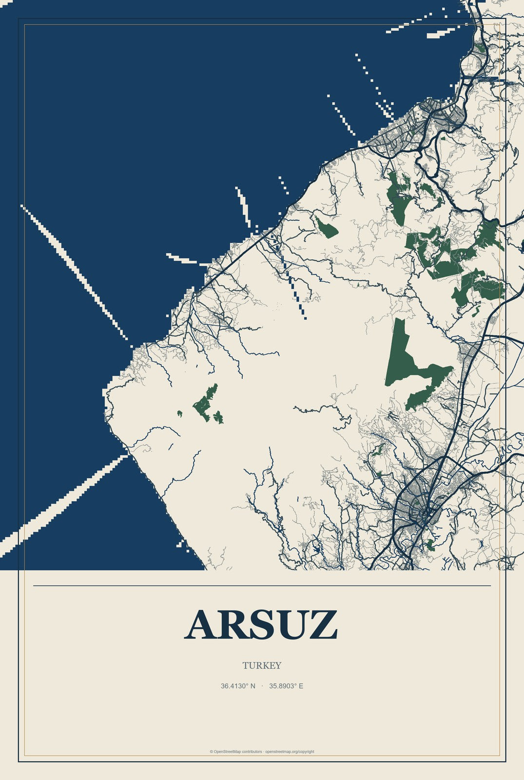 Arsuz, Turkey City Map Aluminum Sign in Coastal Cutout style