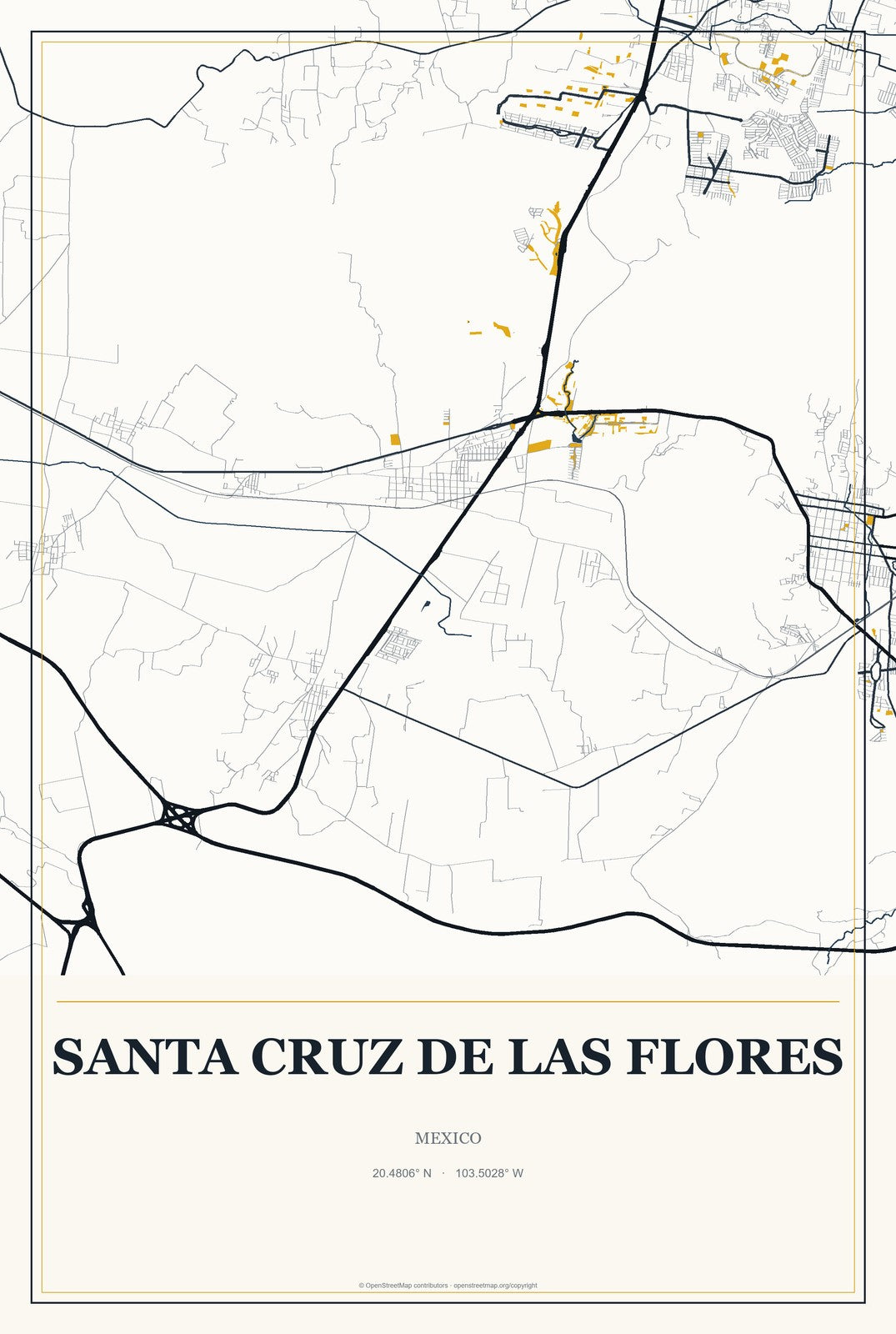 Santa Cruz de las Flores, Mexico City Map Aluminum Sign in Citrine Modern style