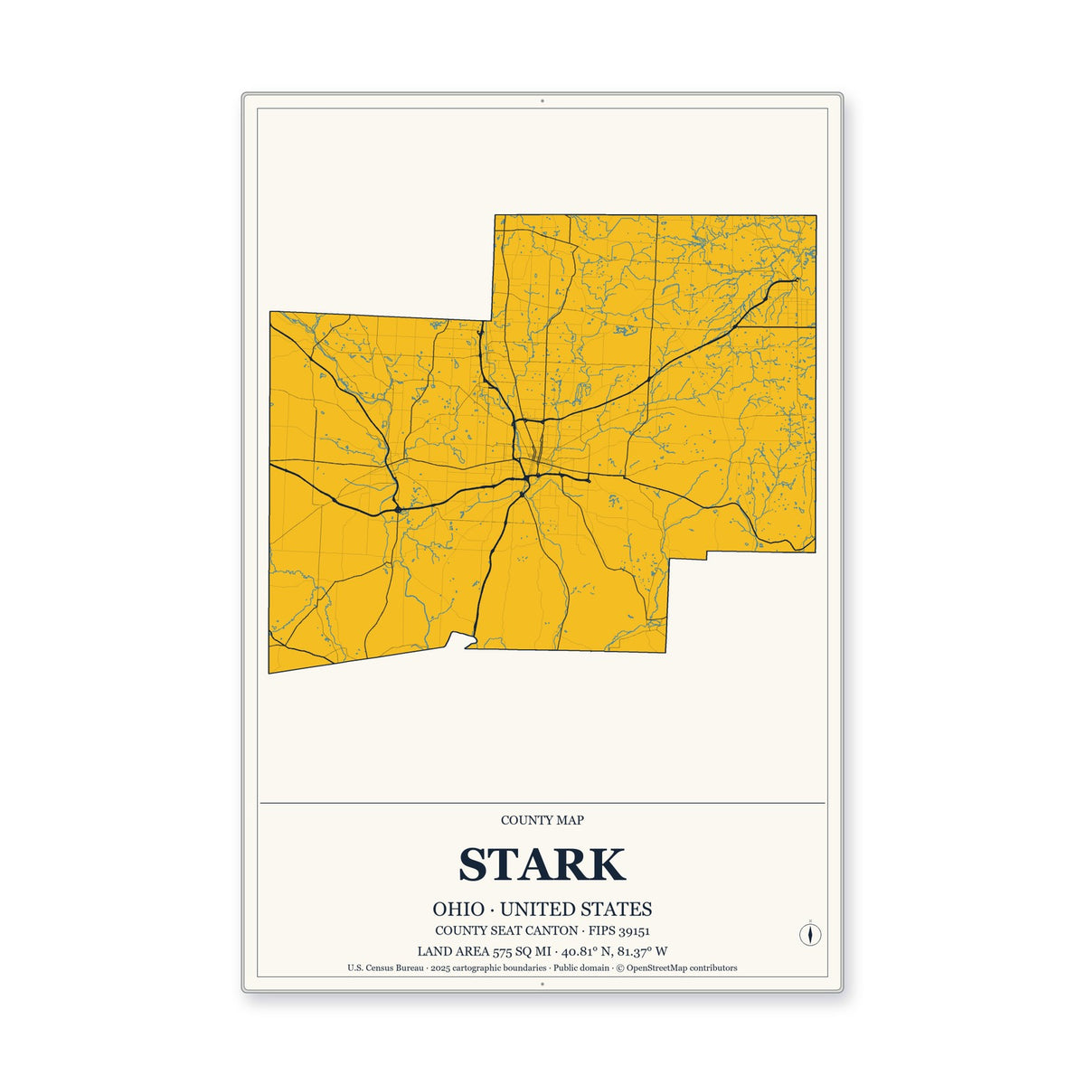 Stark County, Ohio Map Aluminum Sign in Citrine Modern style