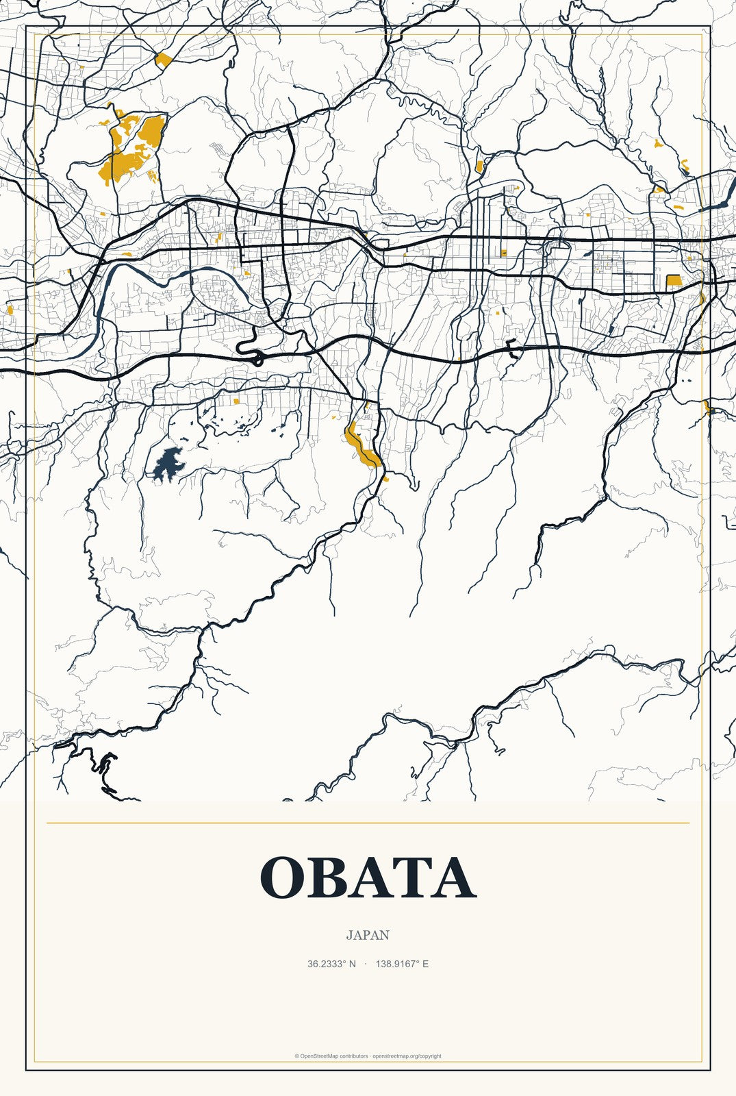 Obata, Japan City Map Aluminum Sign in Citrine Modern style