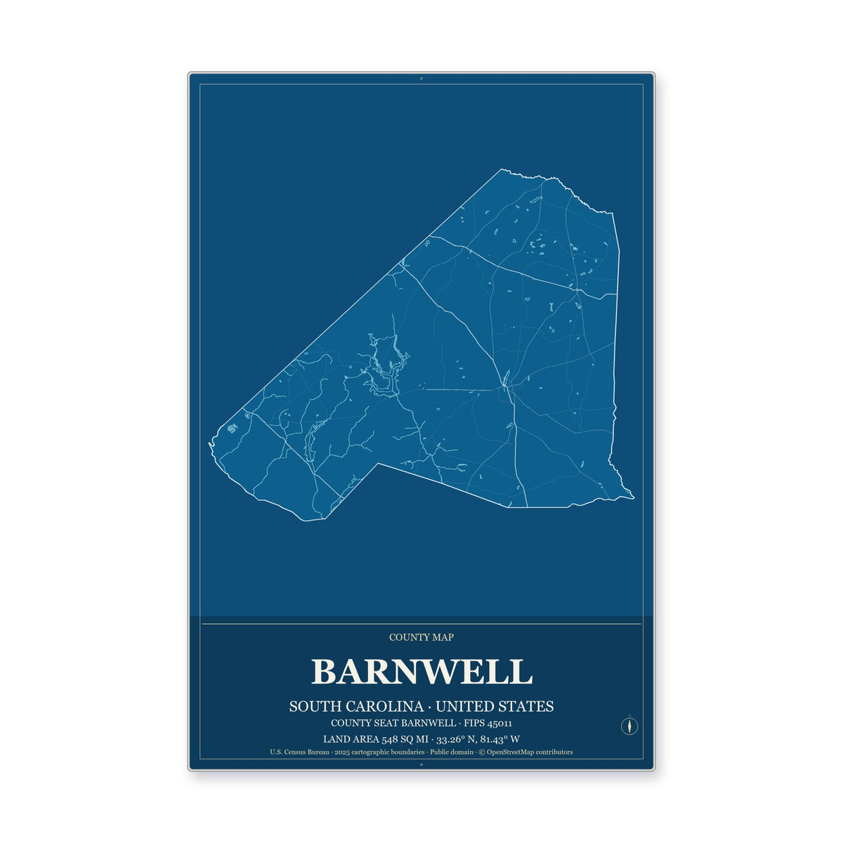 Barnwell County, South Carolina Map Aluminum Sign in Harbor Cobalt style