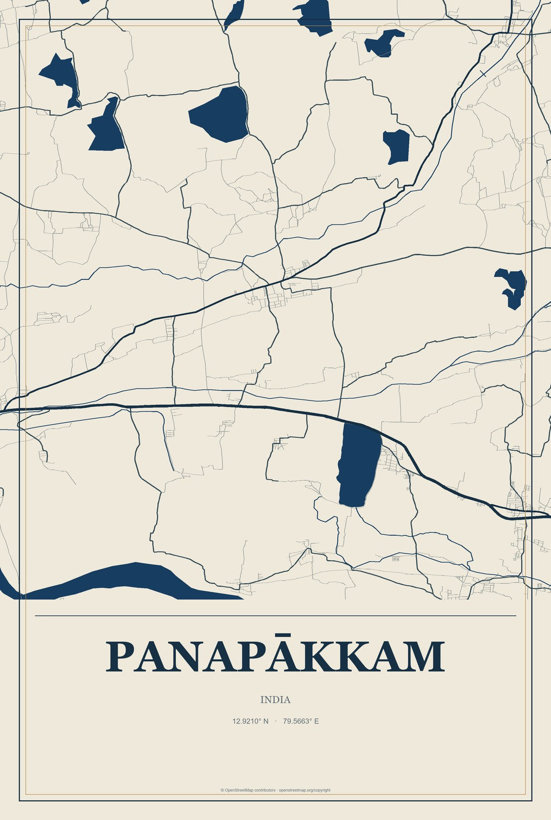 Panapākkam, India City Map Aluminum Sign in Coastal Cutout style