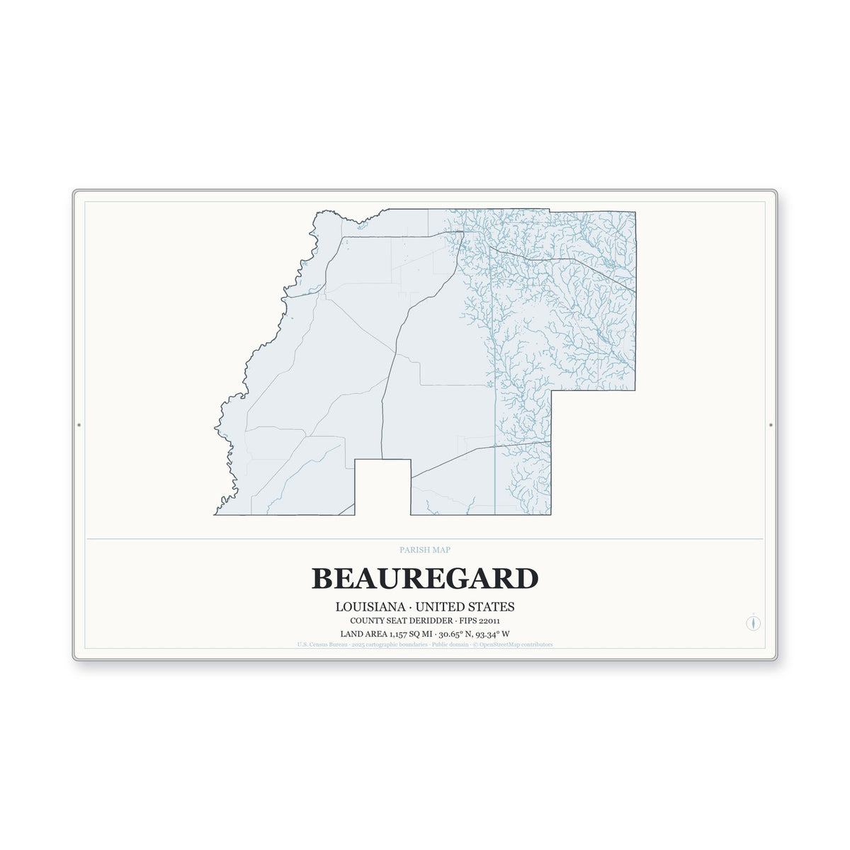 Beauregard Parish, Louisiana Map Aluminum Sign in Gallery Air style