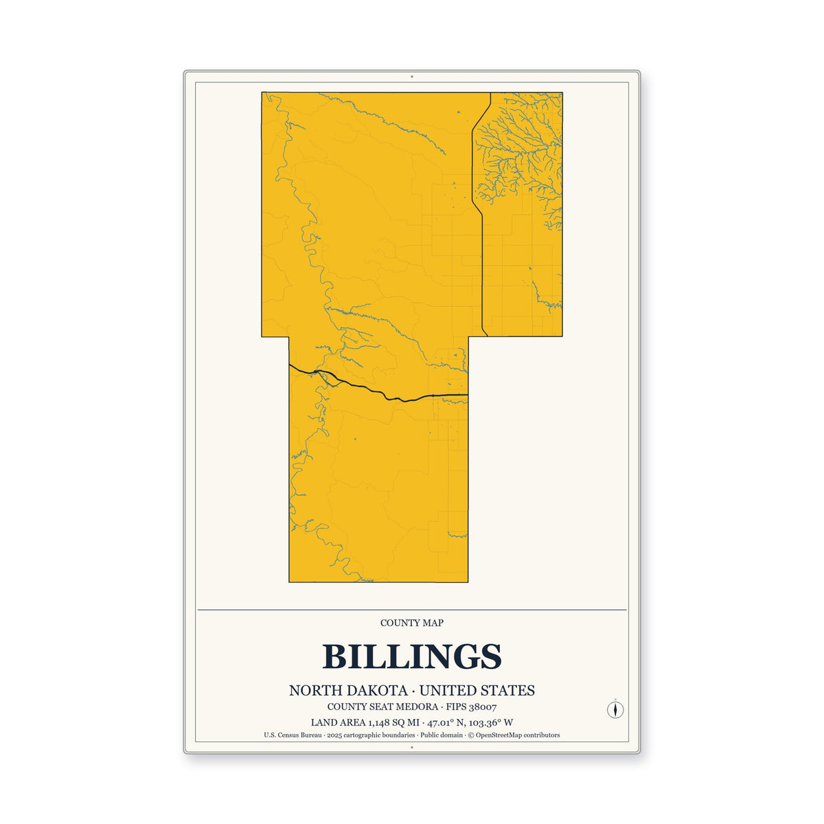 Billings County, North Dakota Map Aluminum Sign in Citrine Modern style