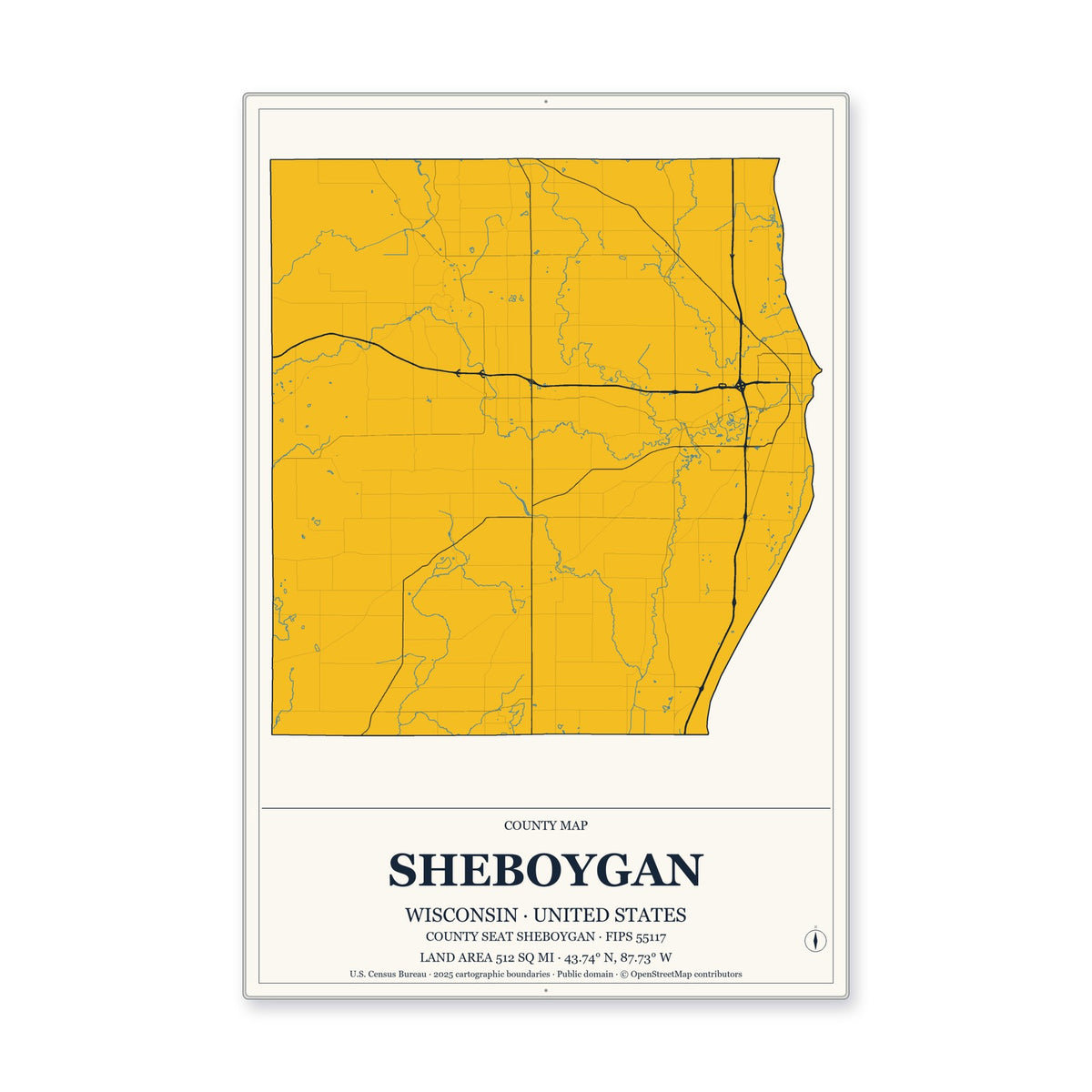 Sheboygan County, Wisconsin Map Aluminum Sign in Citrine Modern style