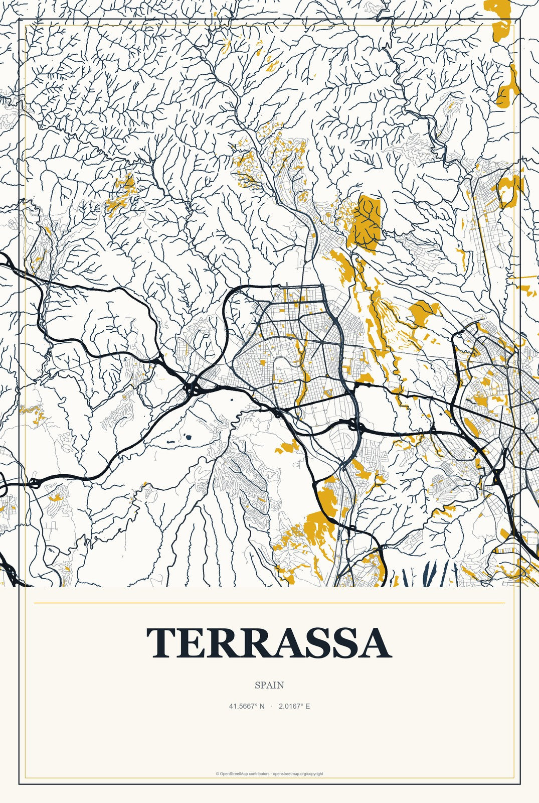 Terrassa, Spain City Map Aluminum Sign in Citrine Modern style