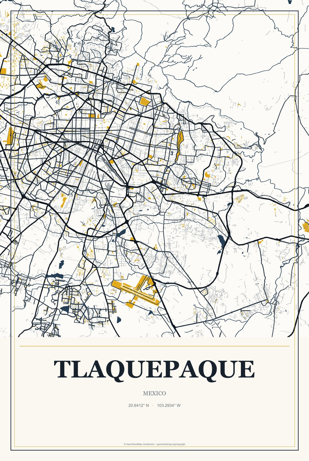 Tlaquepaque, Mexico City Map Aluminum Sign in Citrine Modern style