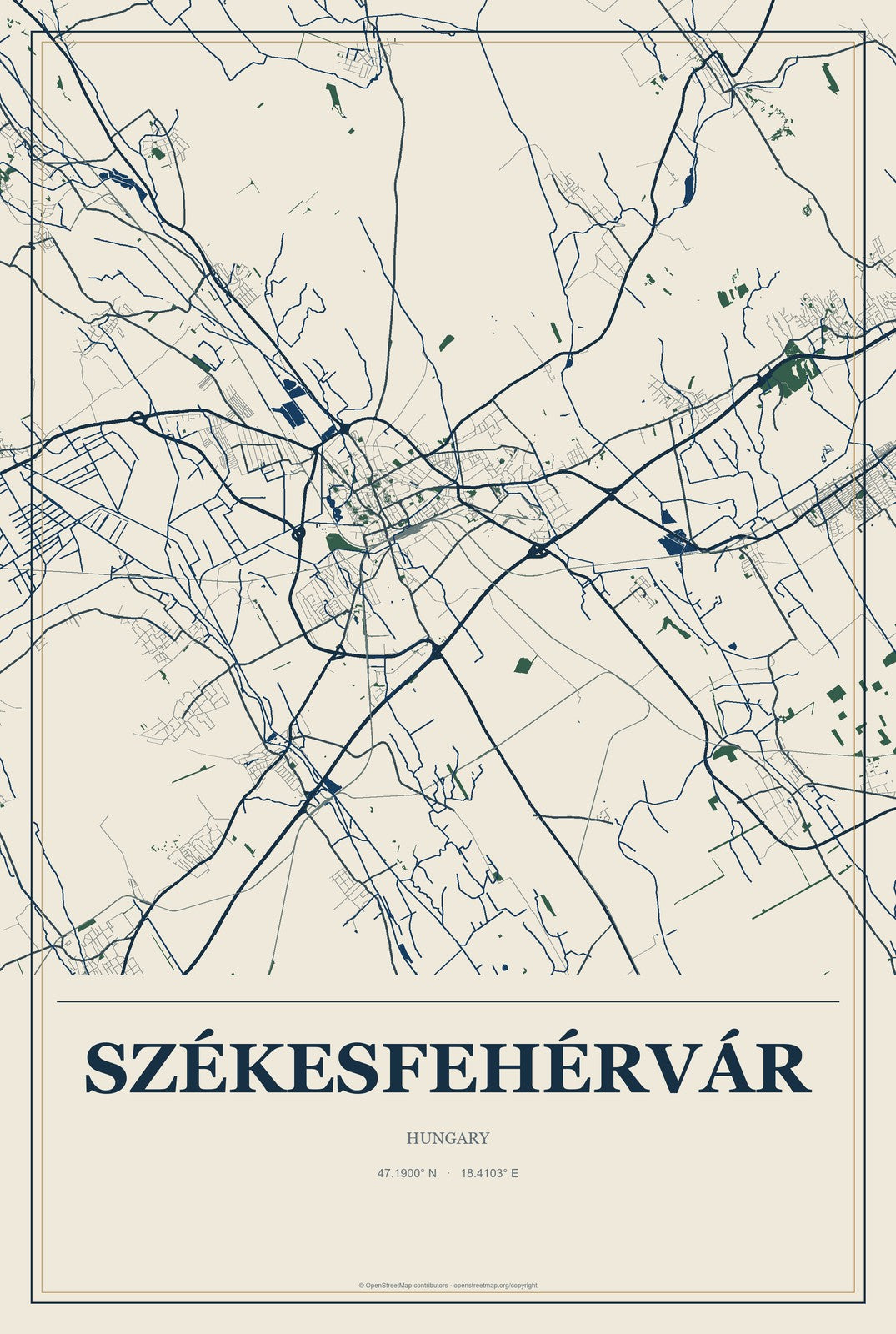 Székesfehérvár, Hungary City Map Aluminum Sign in Coastal Cutout style