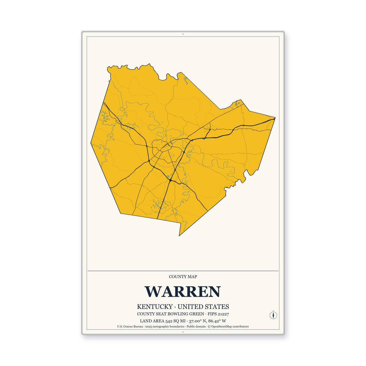 Warren County, Kentucky Map Aluminum Sign in Citrine Modern style