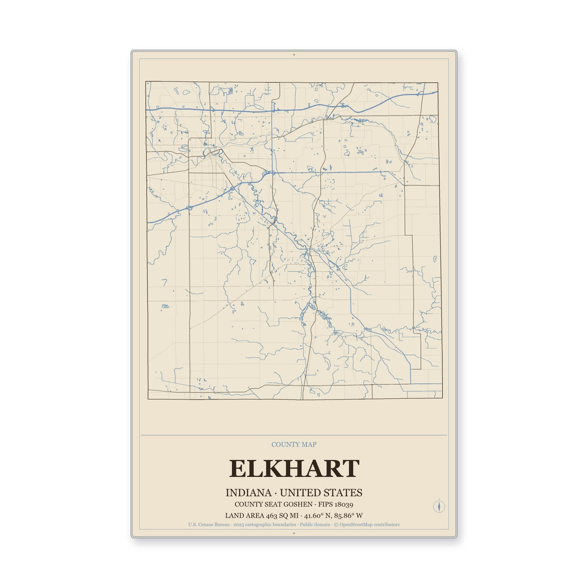 Elkhart County, Indiana Map Aluminum Sign in Heritage Nautical style