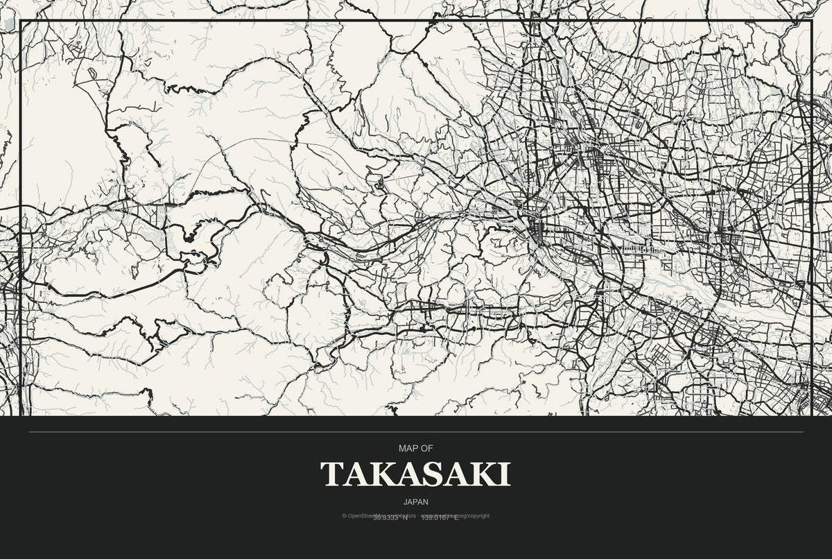 Takasaki, Japan City Map Aluminum Sign in Museum Plaque style