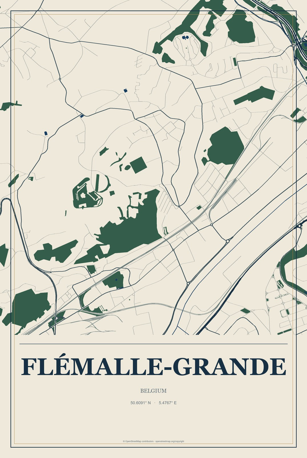 Flémalle-Grande, Belgium City Map Aluminum Sign in Coastal Cutout style