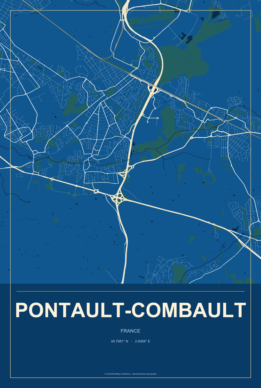 Pontault-Combault, France City Map Aluminum Sign in Harbor Cobalt style