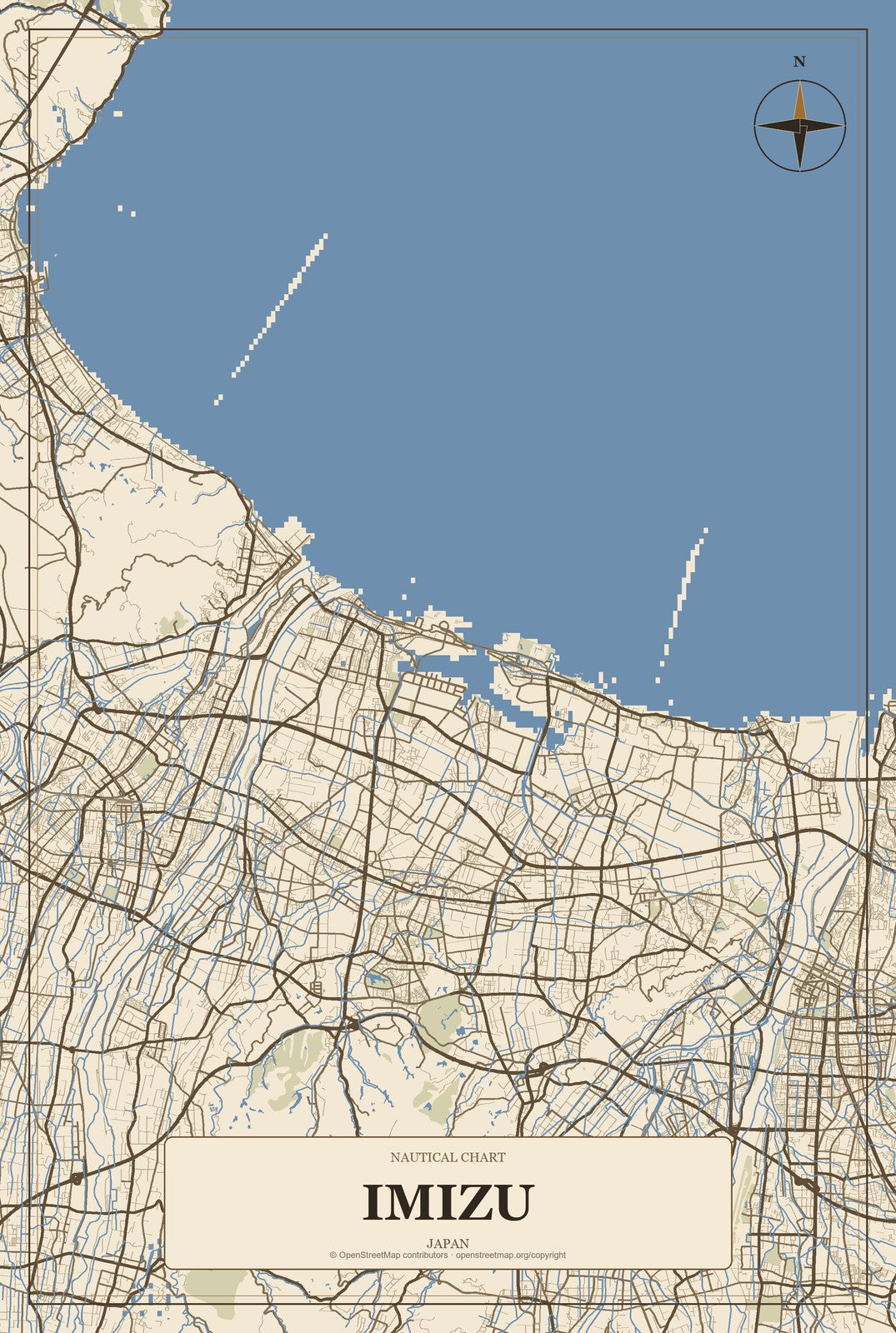 Imizu, Japan City Map Aluminum Sign in Heritage Nautical style