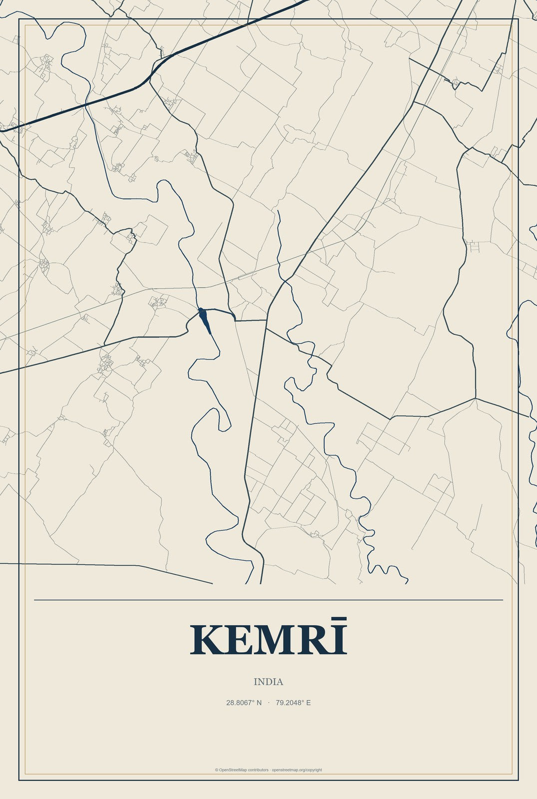 Kemrī, India City Map Aluminum Sign in Coastal Cutout style