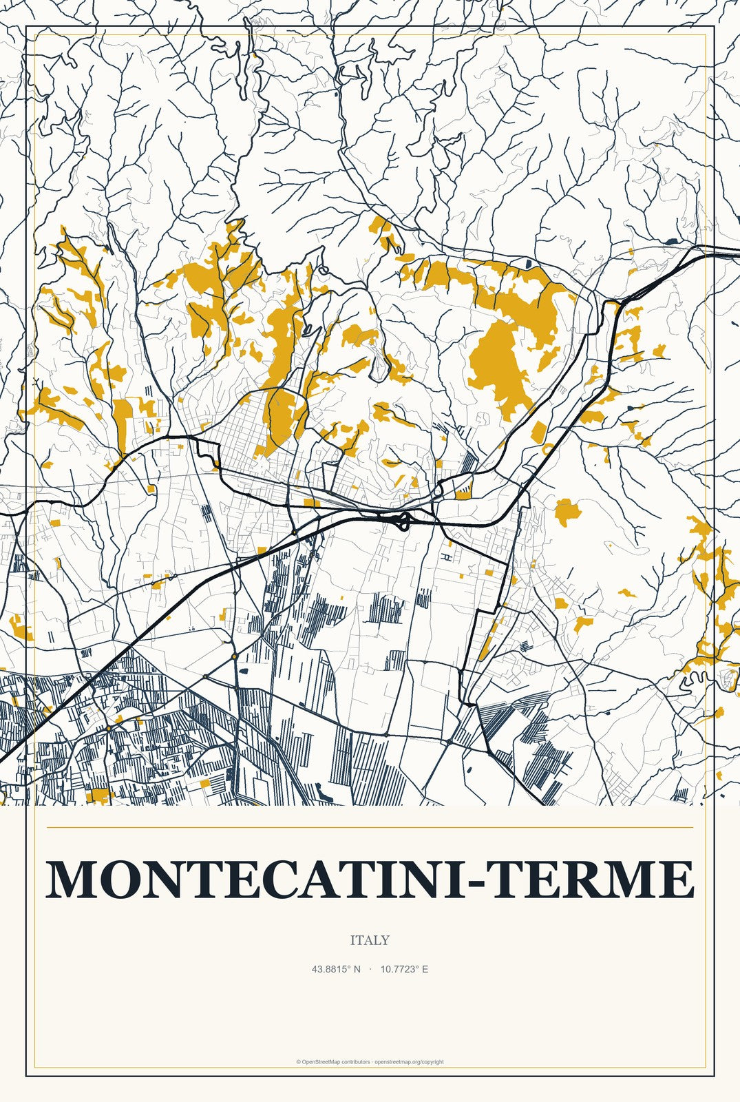 Montecatini-Terme, Italy City Map Aluminum Sign in Citrine Modern style