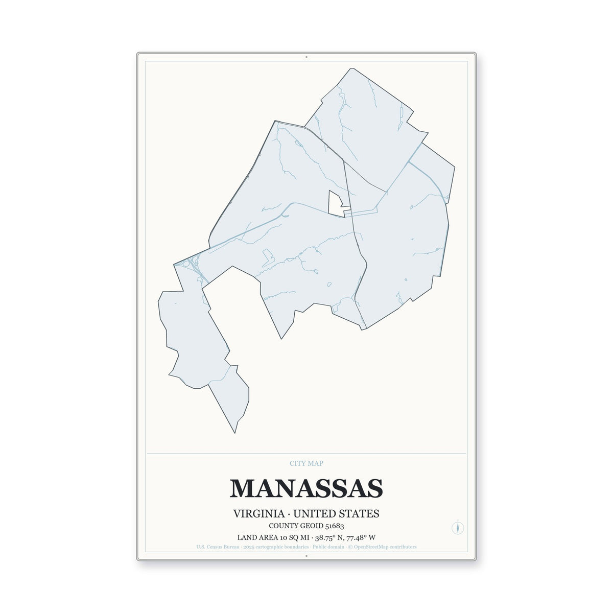 Manassas city, Virginia Map Aluminum Sign in Gallery Air style