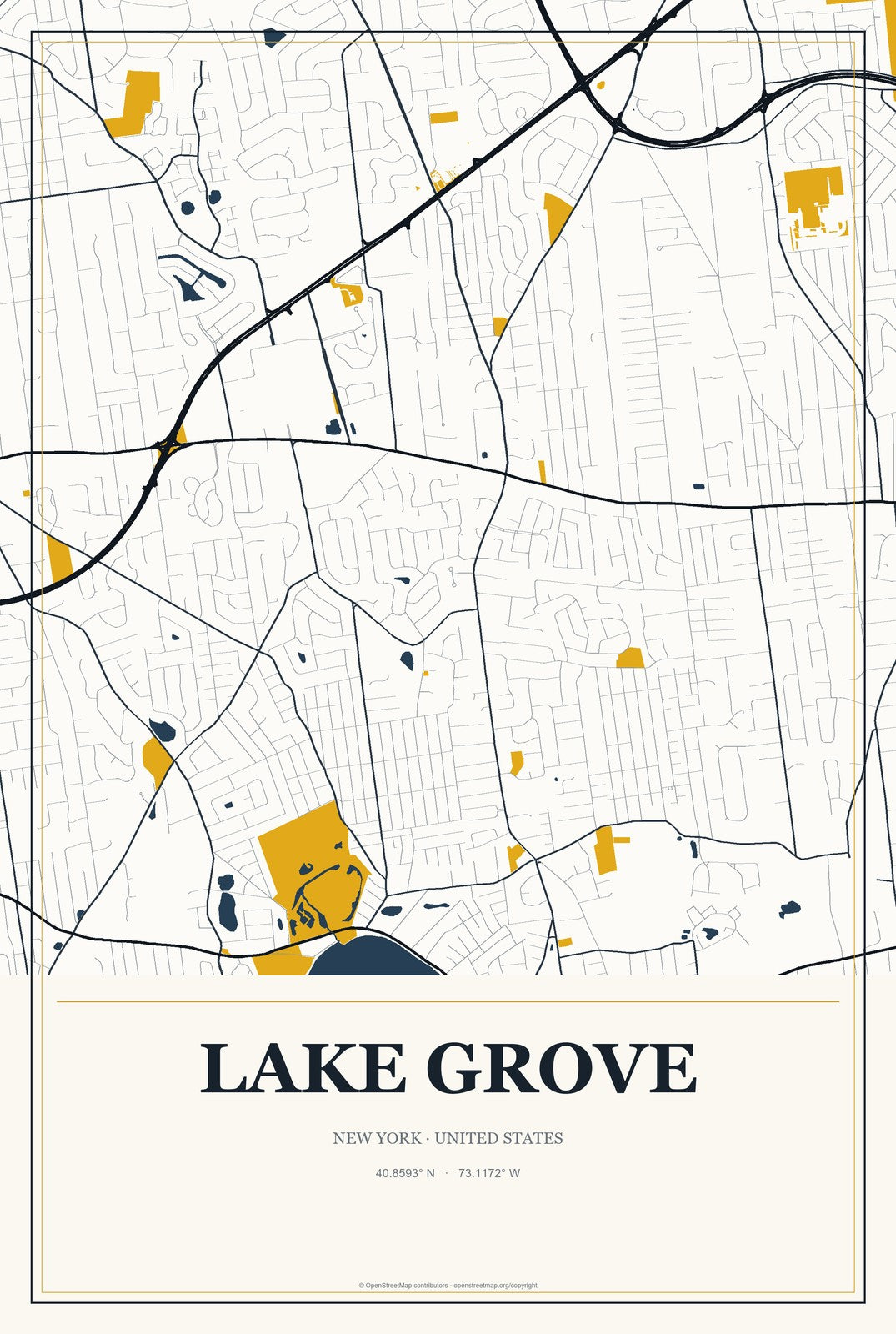 Lake Grove, New York City Map Aluminum Sign in Citrine Modern style