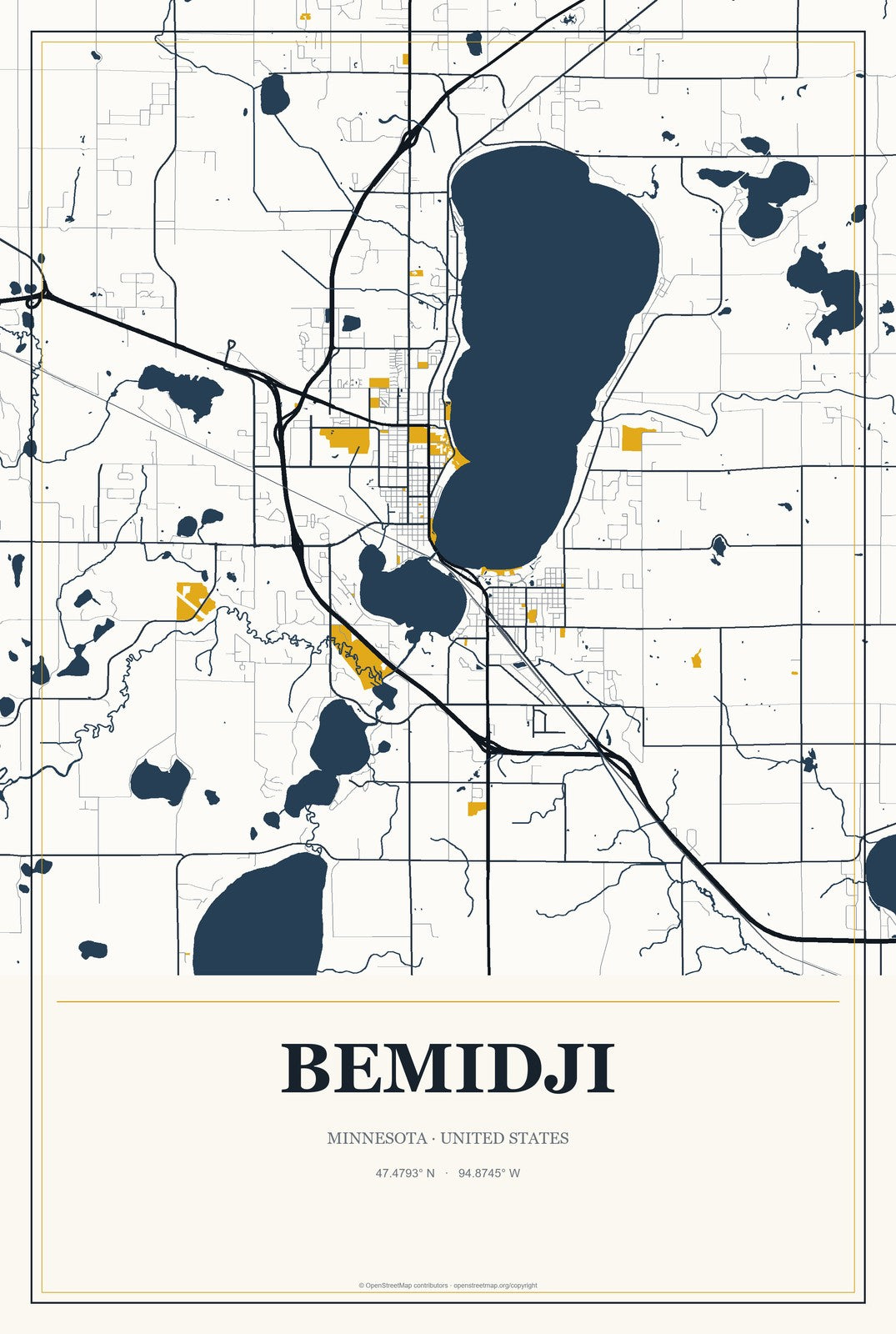 Bemidji, Minnesota City Map Aluminum Sign in Citrine Modern style