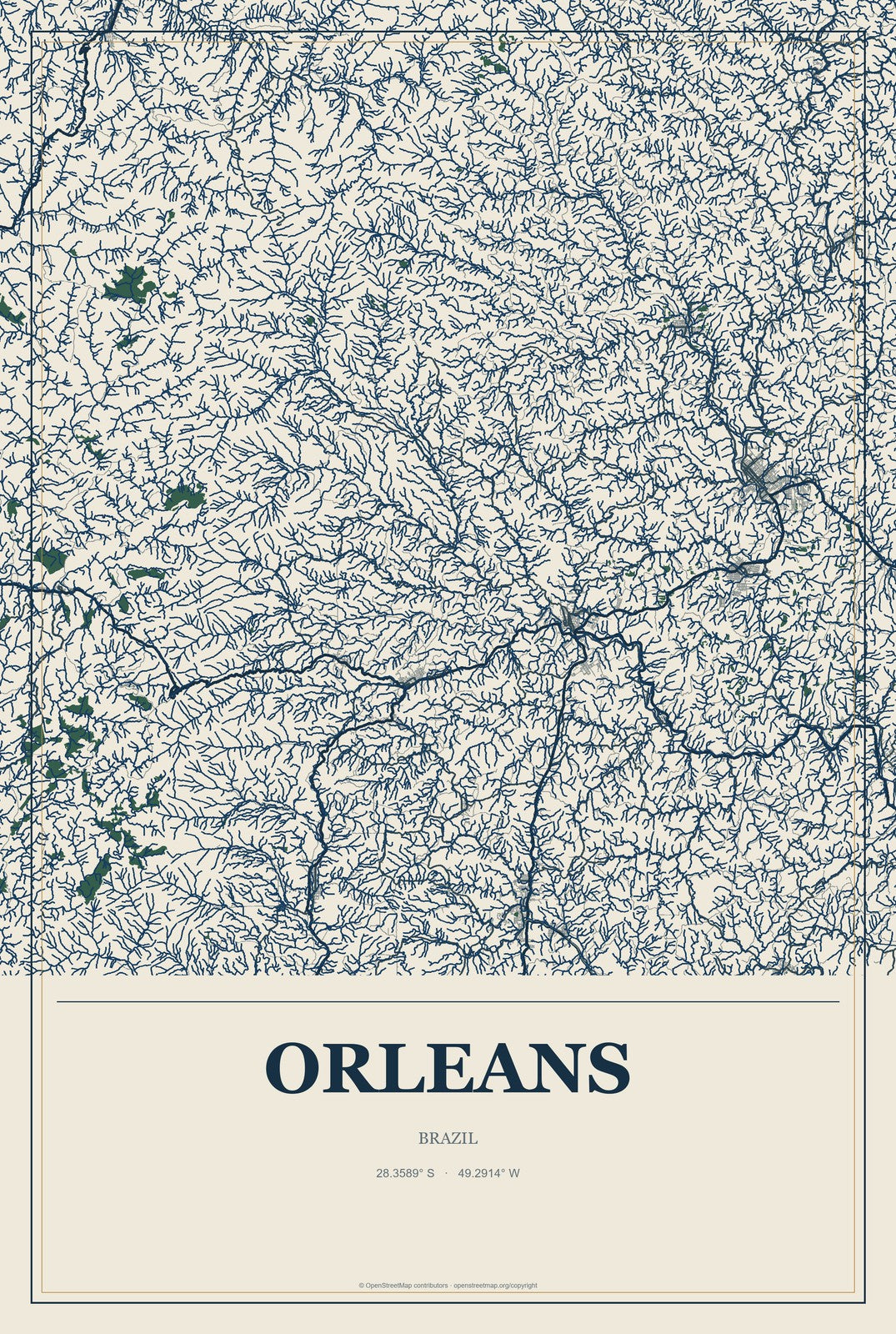 Orleans, Brazil City Map Aluminum Sign in Coastal Cutout style
