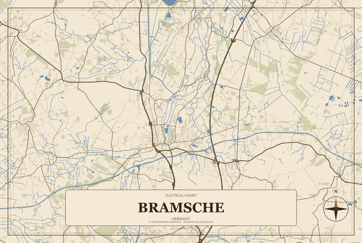 Bramsche, Germany City Map Aluminum Sign in Heritage Nautical style