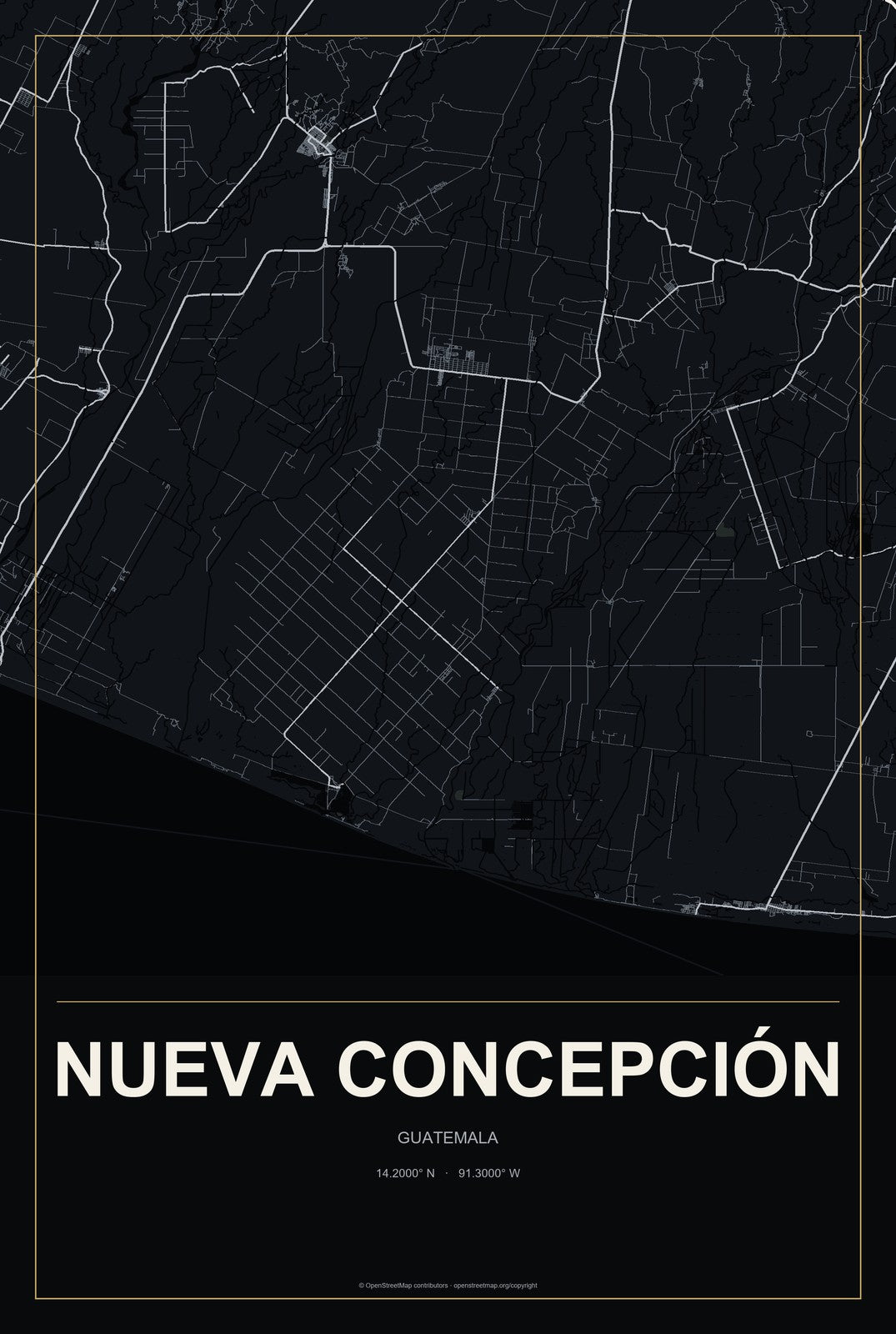 Nueva Concepción, Guatemala City Map Aluminum Sign in Metropolitan Noir style