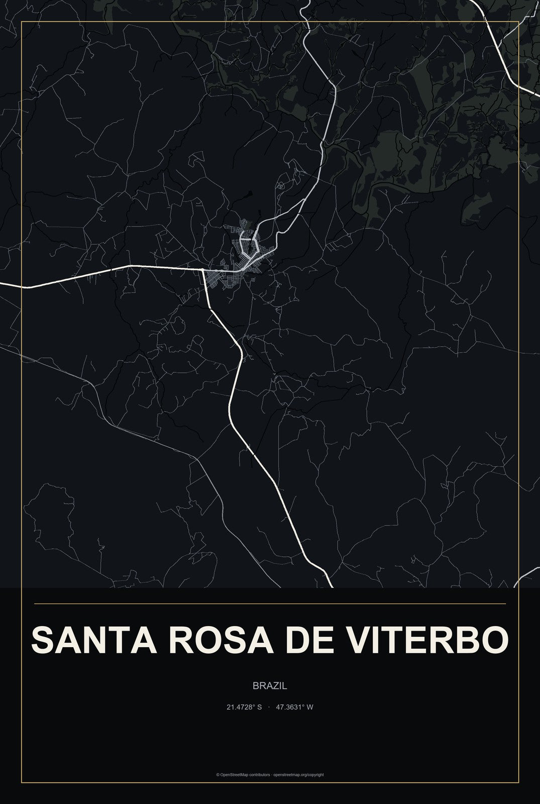 Santa Rosa de Viterbo, Brazil City Map Aluminum Sign in Metropolitan Noir style