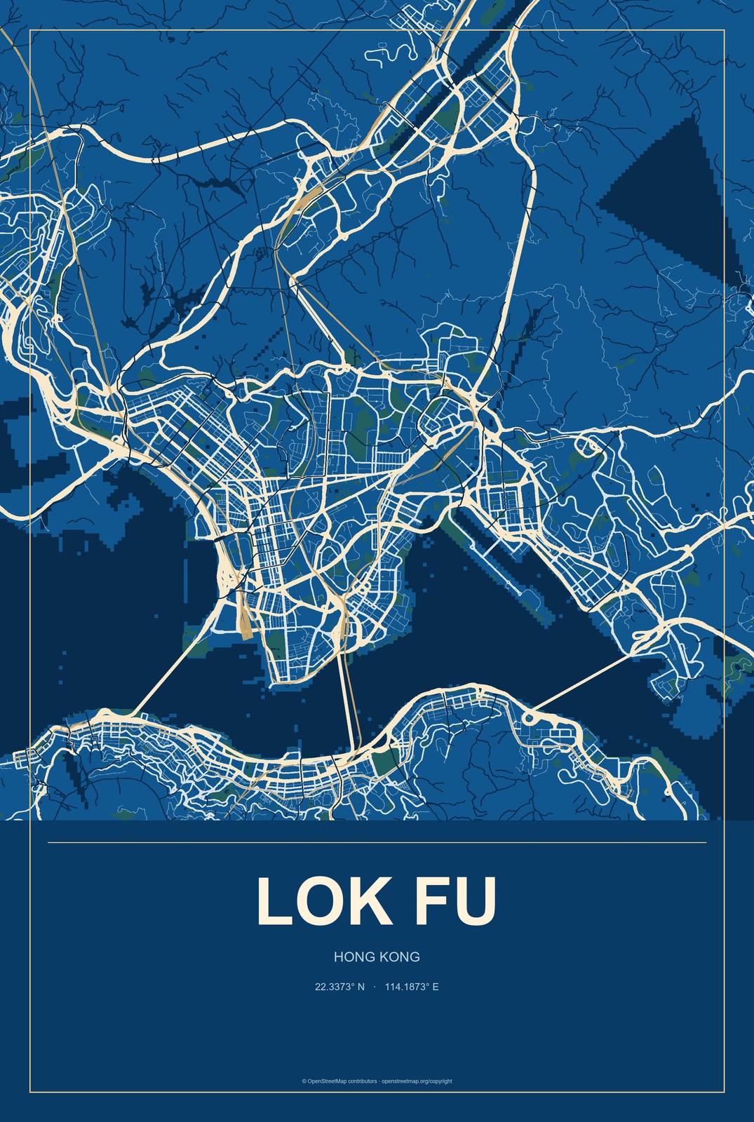 Lok Fu, Hong Kong City Map Aluminum Sign in Harbor Cobalt style