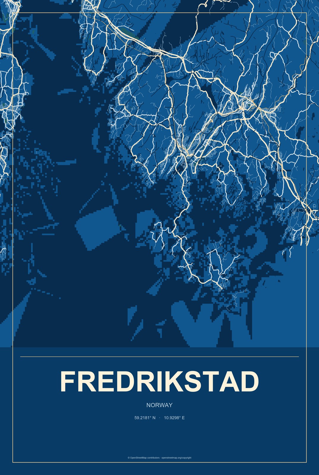 Fredrikstad, Norway City Map Aluminum Sign in Harbor Cobalt style