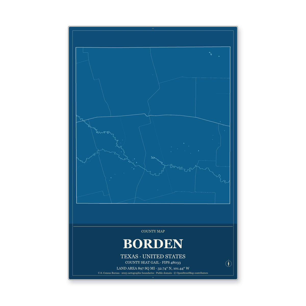 Borden County, Texas Map Aluminum Sign in Harbor Cobalt style
