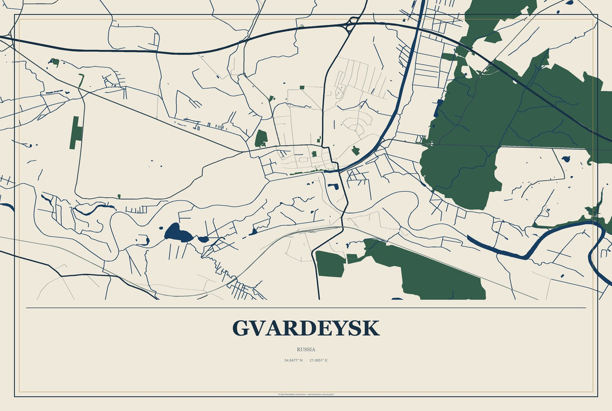 Gvardeysk, Russia City Map Aluminum Sign in Coastal Cutout style