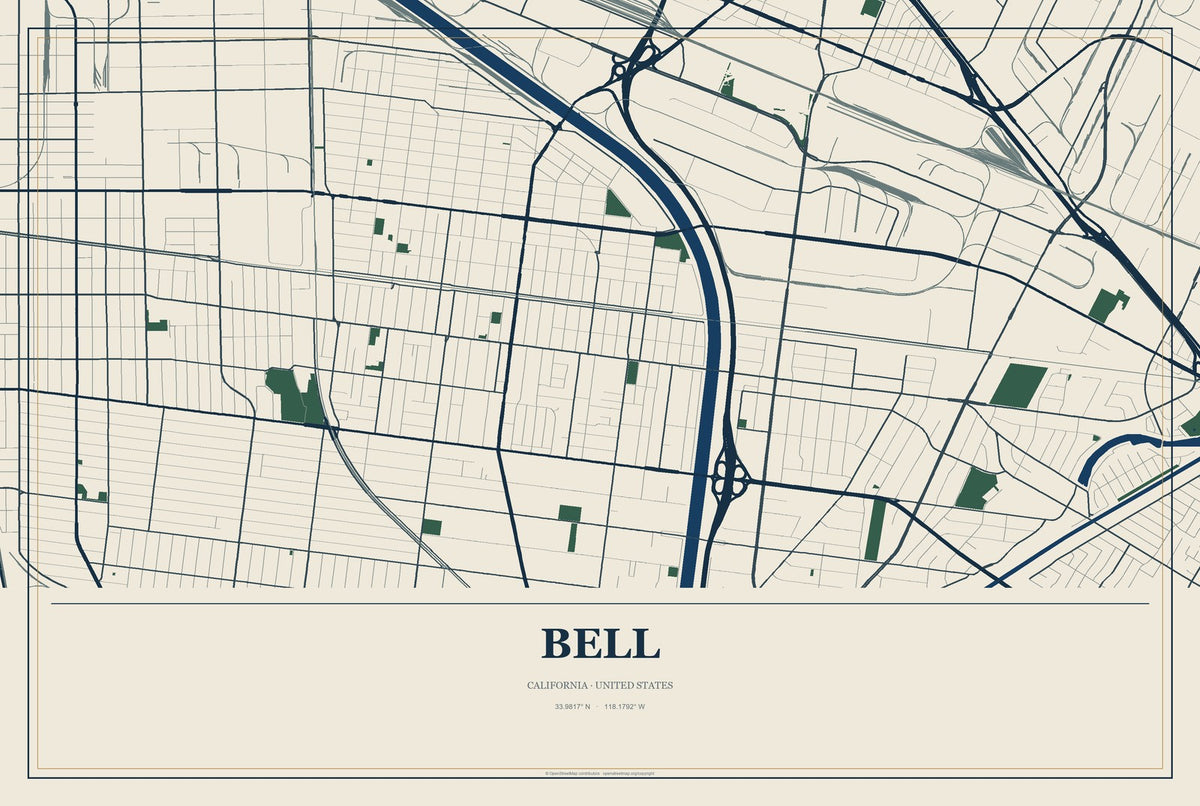 Bell, California City Map Aluminum Sign in Coastal Cutout style