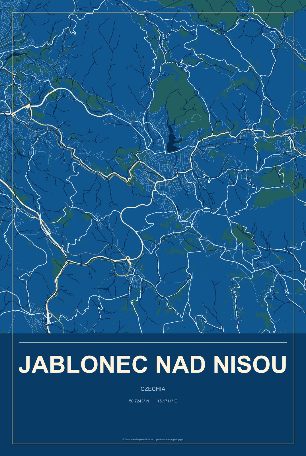 Jablonec nad Nisou, Czechia City Map Aluminum Sign in Harbor Cobalt style