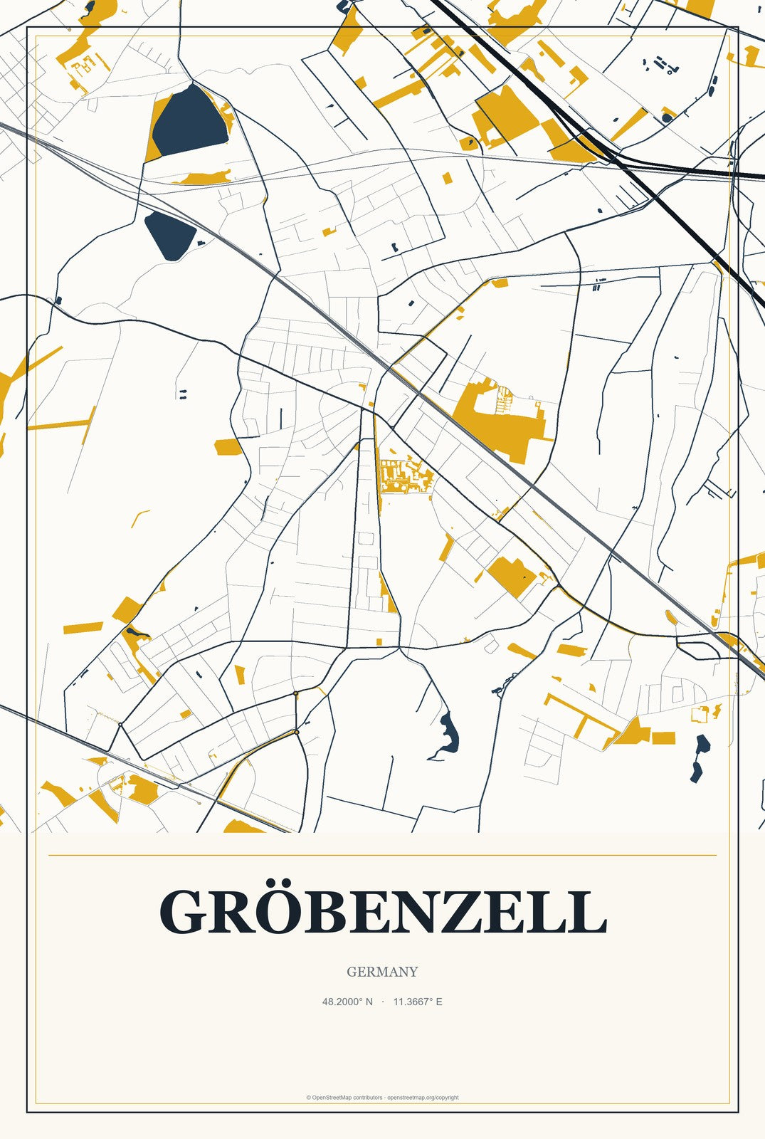 Gröbenzell, Germany City Map Aluminum Sign in Citrine Modern style