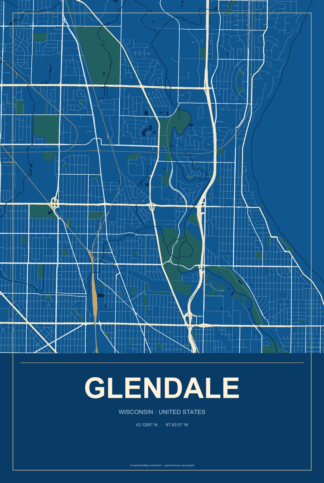 Glendale, Wisconsin City Map Aluminum Sign in Harbor Cobalt style