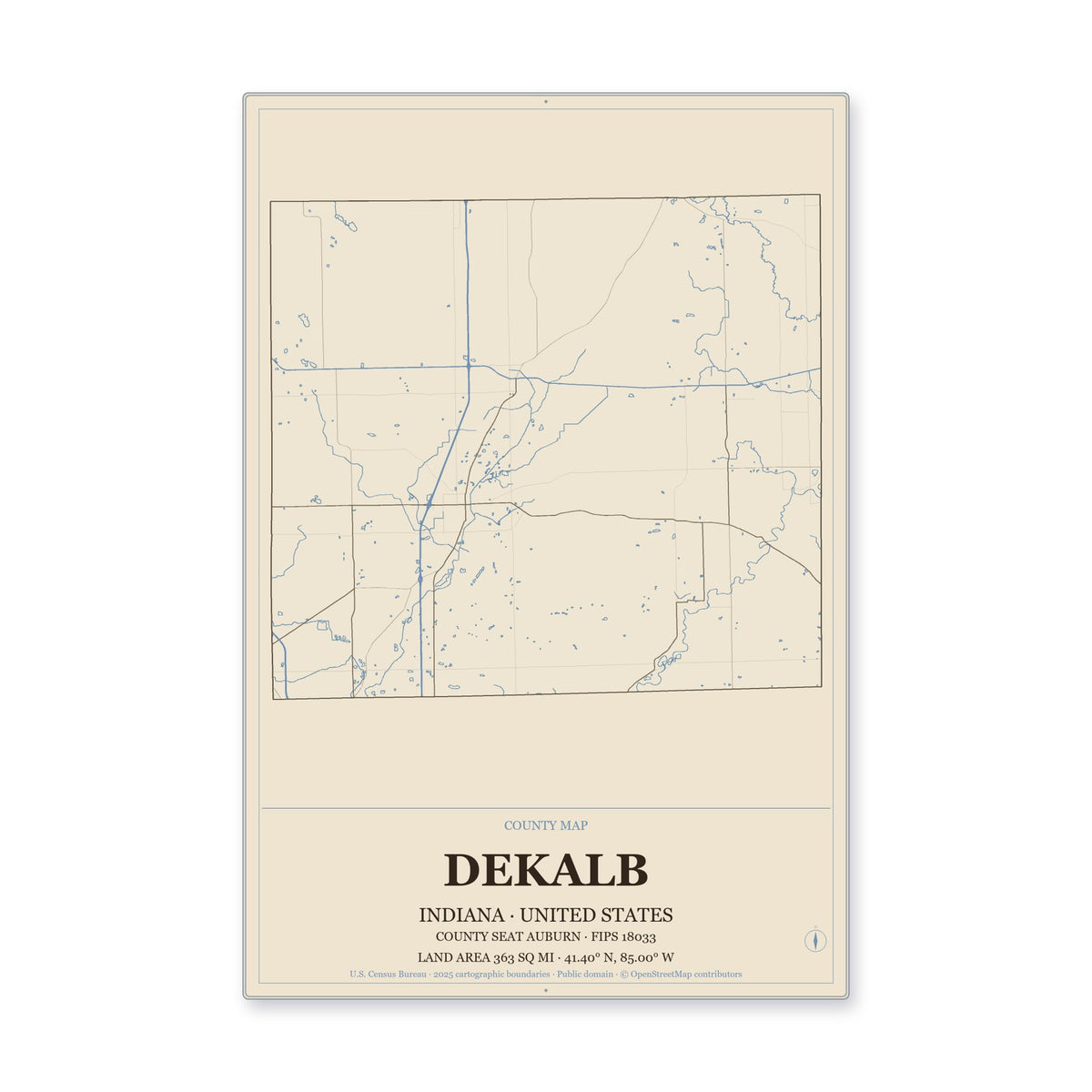 DeKalb County, Indiana Map Aluminum Sign in Heritage Nautical style