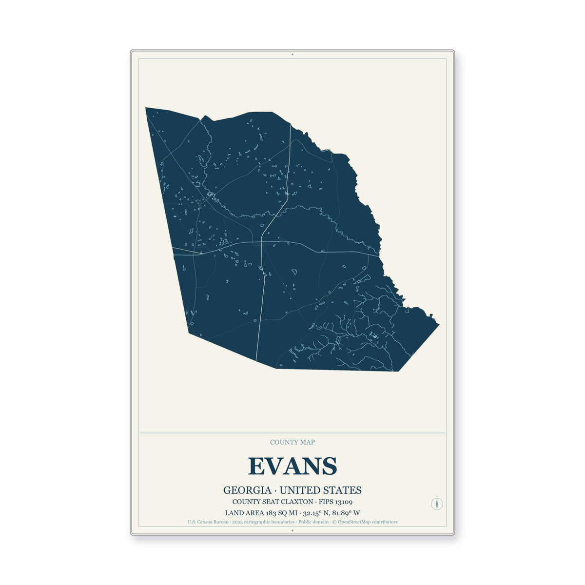 Evans County, Georgia Map Aluminum Sign in Coastal Cutout style