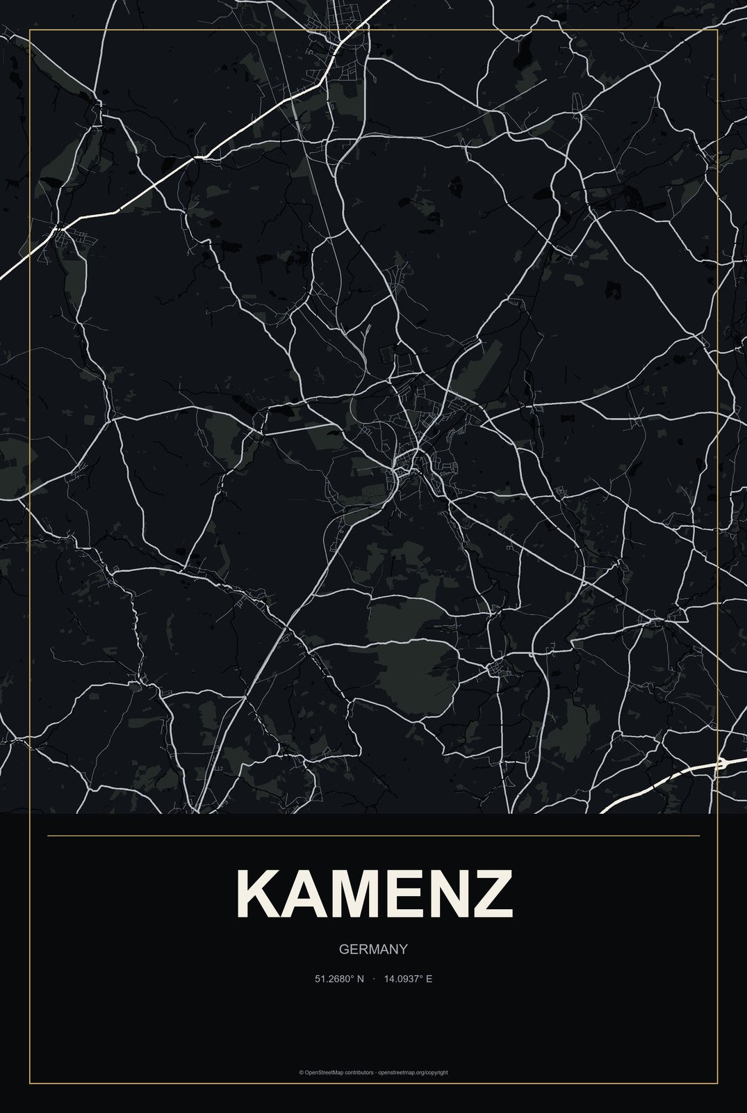 Kamenz, Germany City Map Aluminum Sign in Metropolitan Noir style